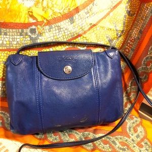 Longchamp Le Pliage Cuir blue leather crossbody